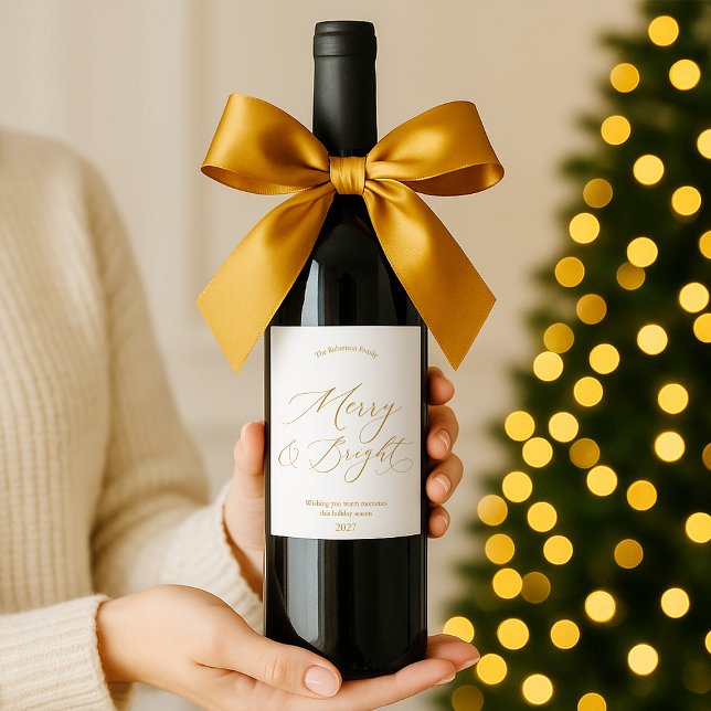 Elegant Gold Script “Merry & Bright” Christmas Wine Label (Creator Uploaded)