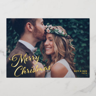 Elegant Gold Script Merry Christmas Couples Photo