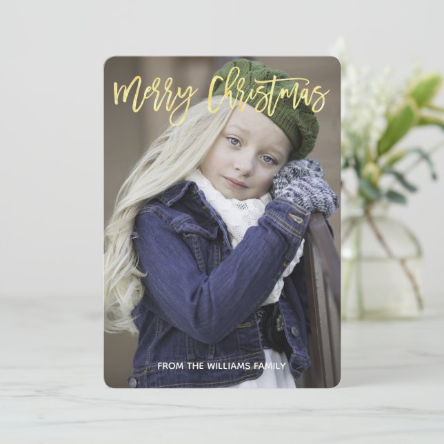 Elegant Gold Script Merry Christmas Custom Photo Holiday Card (Standing Front)