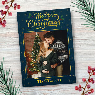 Elegant Gold Script Merry Christmas Family Card
