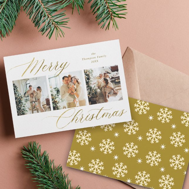 Elegant Gold Script Merry Christmas Photo Collage Holiday Card (Creator Uploaded)