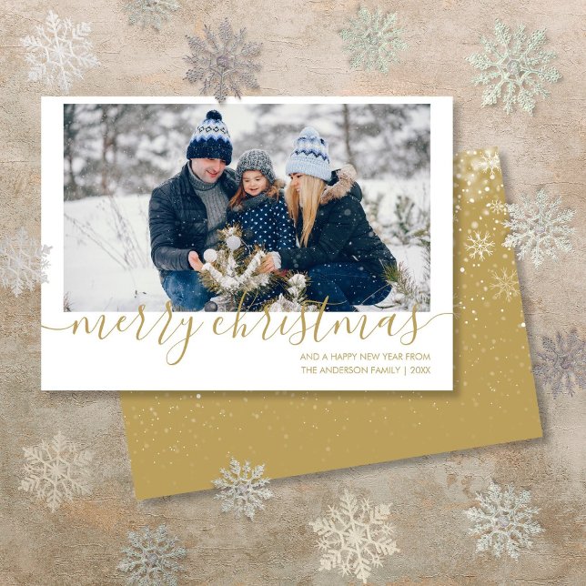Elegant Gold Script Merry Christmas Photo Holiday Card (Creator Uploaded)