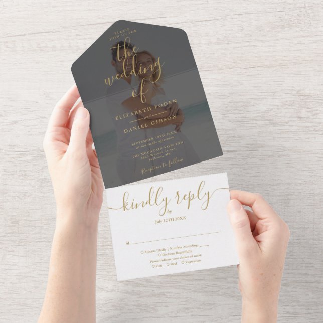 Elegant Gold Script Minimalist Photo Wedding All In One Invitation (Tearaway)