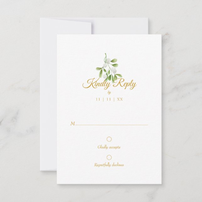 Elegant Gold Script Mistletoe Winter Wedding RSVP Card (Front)