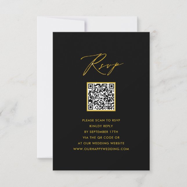 Elegant Gold Script Modern Black QR Wedding RSVP Card (Front)