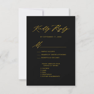 Elegant Gold Script Modern Black Wedding RSVP Card