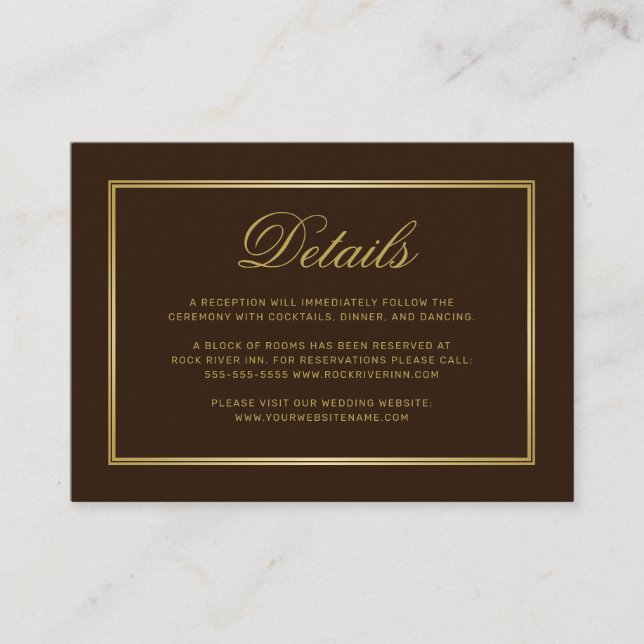 Elegant Gold Script Monogram Brown Wedding Details Enclosure Card (Front)