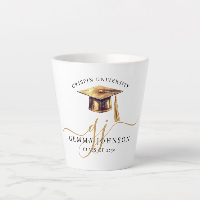 Elegant Gold Script Monogram Graduation Latte Mug (Front)