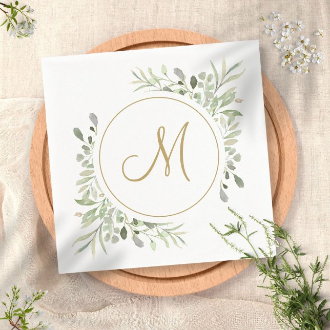 Elegant Gold Script Monogram Greenery Napkin (Creator Uploaded)