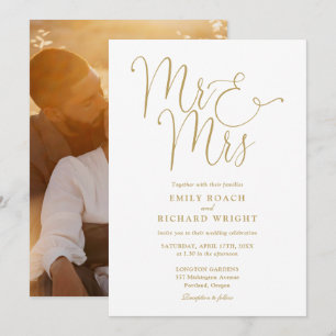 Elegant Gold Script Mr And Mrs Photo Wedding Invitation