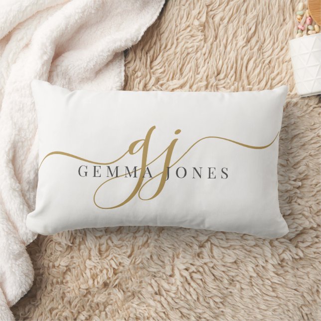 Elegant Gold Script Name Monogram Lumbar Cushion (Blanket)