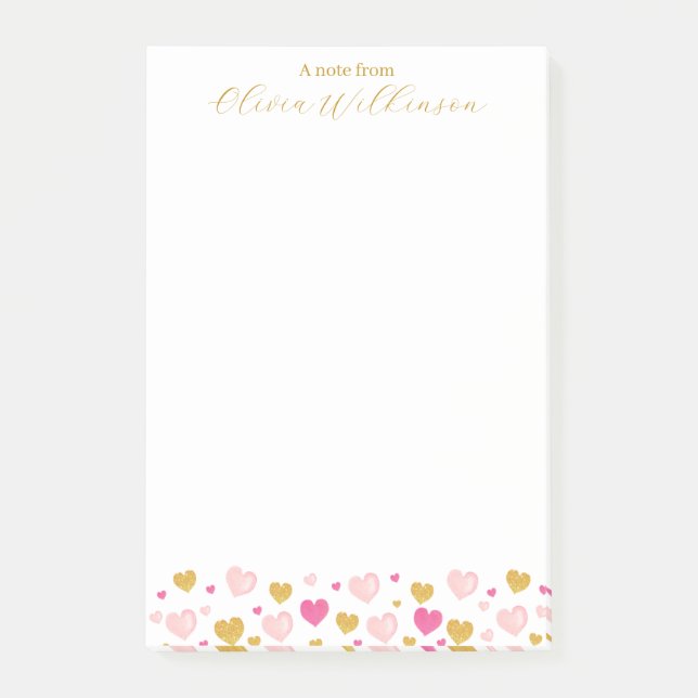 Elegant Gold Script Name| Watercolor Hearts Post-it Notes (Front)