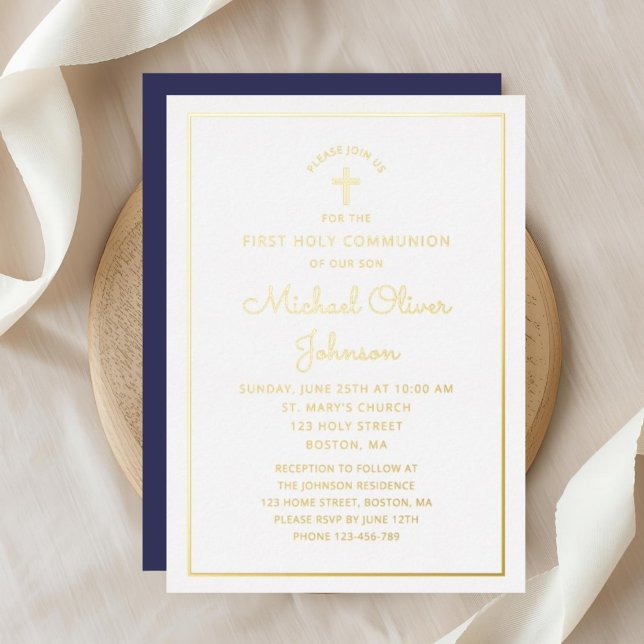 Elegant Gold Script Navy Blue First Communion (Elegant Gold Script Navy Blue First Communion Foil Invitation)