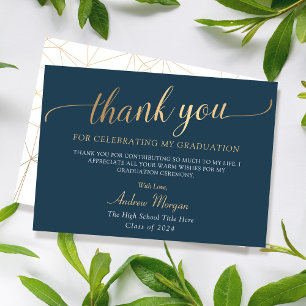 Elegant Gold Script Navy Blue Graduation Thank You Card