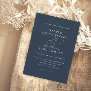 Elegant Gold Script Navy Blue Wedding Invitation
