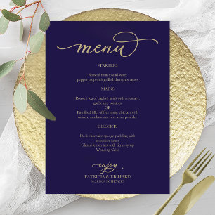 Elegant Gold Script Navy Blue Wedding Menu