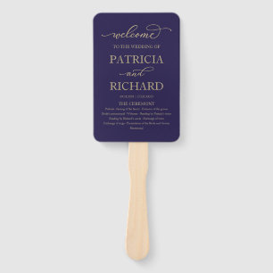 Elegant Gold Script Navy Blue Wedding Program Hand Fan
