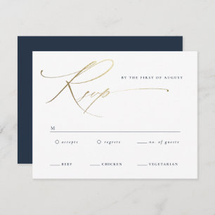 Elegant Gold Script Navy Blue Wedding RSVP Card
