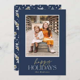 Elegant Gold Script Navy Calligraphy Photo Holiday Card