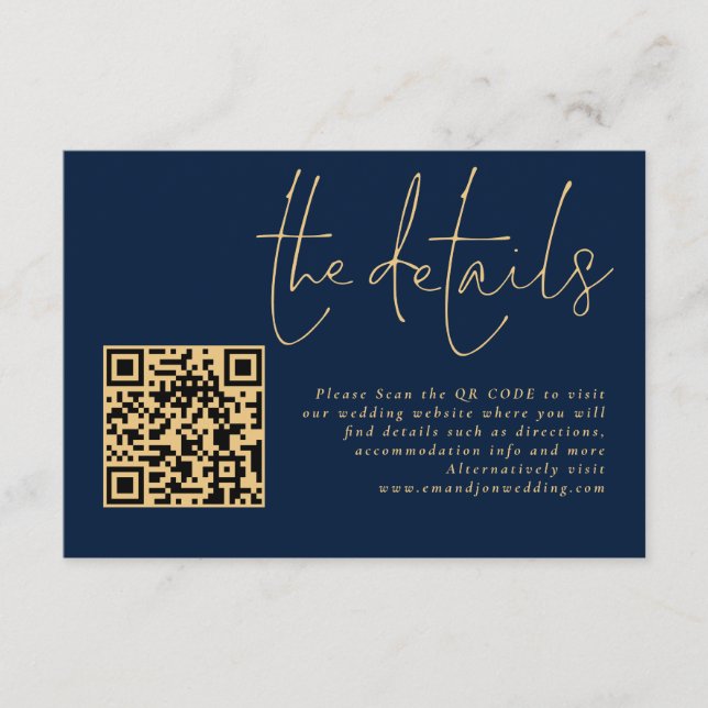 Elegant Gold Script Navy QR Code Wedding Details Enclosure Card (Front)