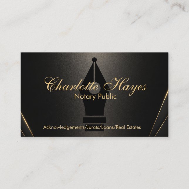 Elegant Gold Script Notary Pen Nib Business Card (Front)