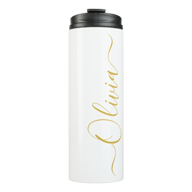 Elegant Gold Script Olivia Name White Tumbler (Front)