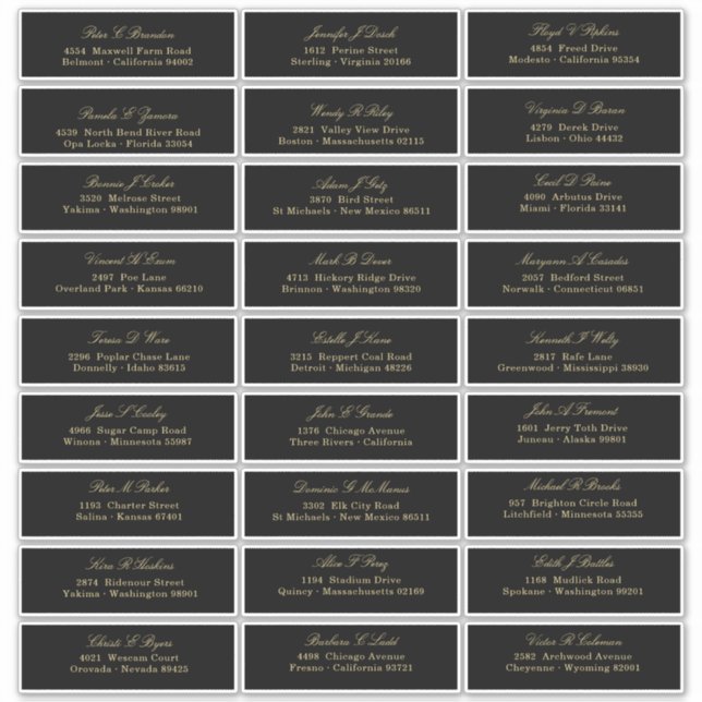 Elegant Gold Script On Black Guest List Address (Front)