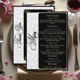 Elegant Gold Script on Black Menu & Thank You