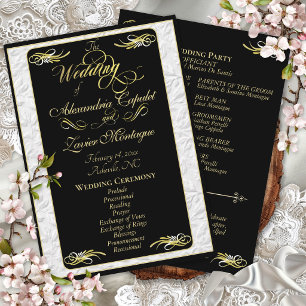 Elegant Gold Script on Black Wedding Ceremony Programme