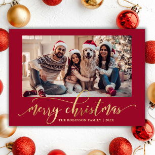 Elegant Gold Script One Photo Red Christmas Holiday Card