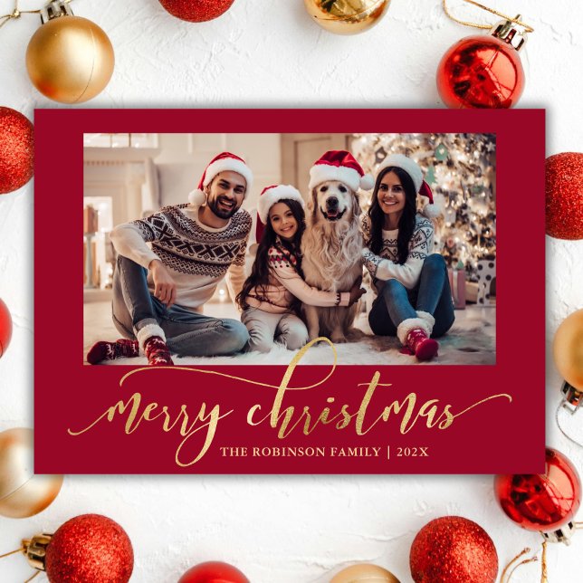 Elegant Gold Script One Photo Red Christmas  Holiday Card (Creator Uploaded)