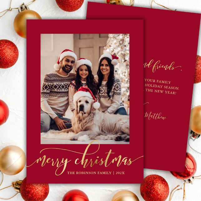 Elegant Gold Script One Photo Red Christmas  Holiday Card (Creator Uploaded)