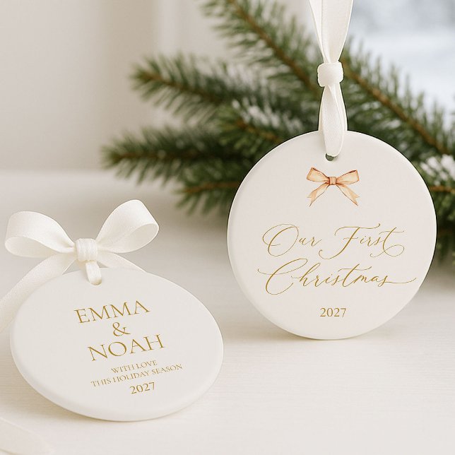 Elegant Gold Script “Our First Christmas”  Ornament (Creator Uploaded)