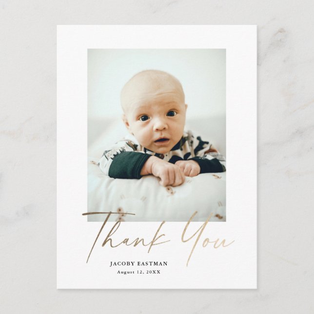 Elegant Gold Script Photo Baby Thank You Postcard (Front)