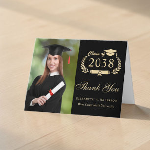 Elegant Gold Script Photo Black Graduation Thank You Card