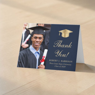 Elegant Gold Script Photo Blue Graduation Thank You Card
