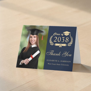Elegant Gold Script Photo Blue Graduation Thank You Card
