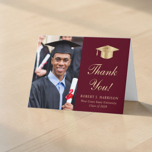 Elegant Gold Script Photo Burgundy Graduation Thank You Card
