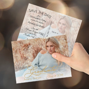 Elegant Gold Script Photo Graduation Save the Date Postcard