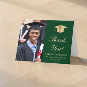 Elegant Gold Script Photo Green Graduation Thank You Card