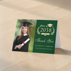 Elegant Gold Script Photo Green Graduation Thank You Card