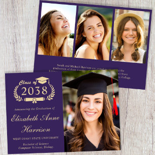 Elegant Gold Script Photo Purpl College Graduation Announcement
