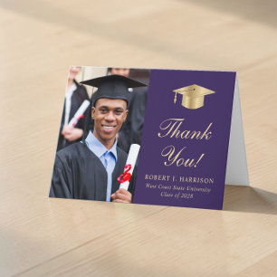 Elegant Gold Script Photo Purple Graduation Thank You Card