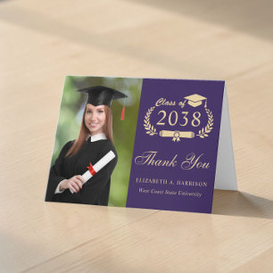 Elegant Gold Script Photo Purple Graduation Thank You Card