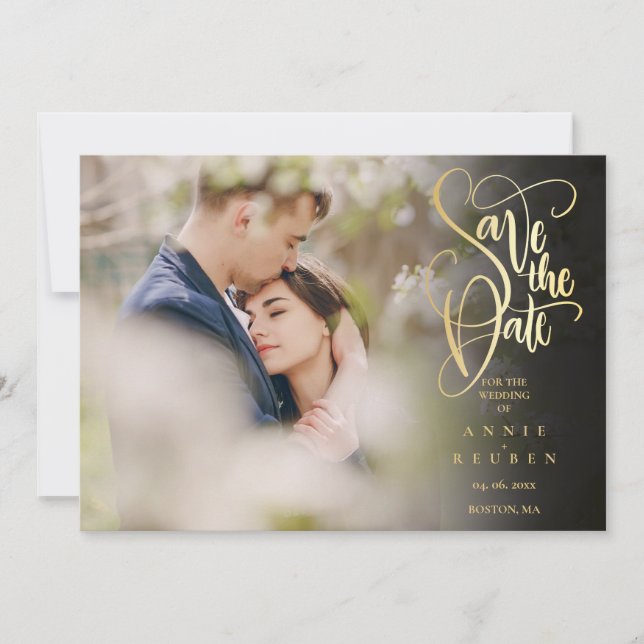 Elegant Gold Script Photo QR Code Wedding Save The Date (Front)