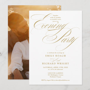 Elegant Gold Script Photo Wedding Evening Party Invitation