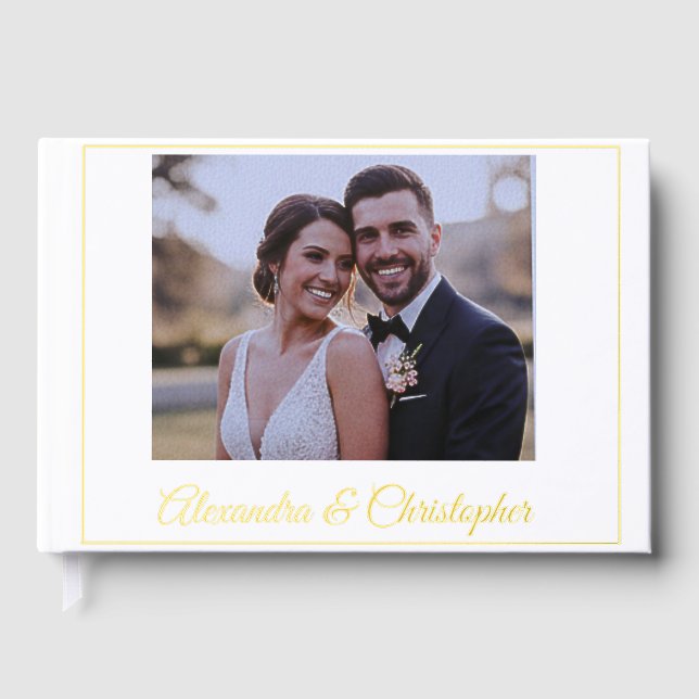 Elegant Gold Script Photo Wedding Guestbook (Front)