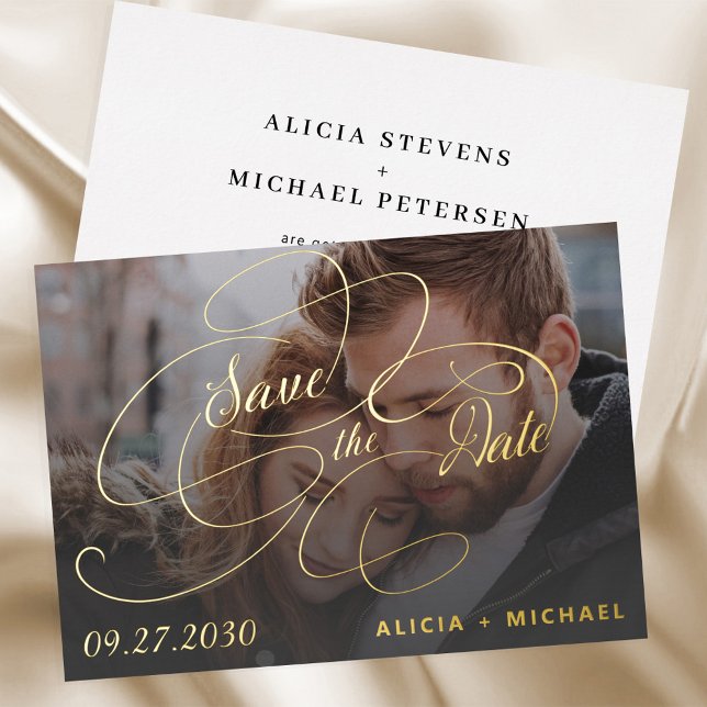 Elegant gold script photo wedding save the date (Creator Uploaded)