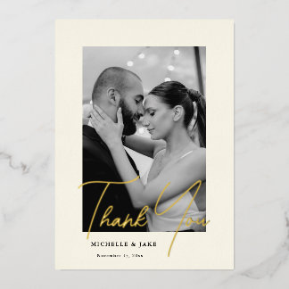 Elegant Gold Script Photo Wedding Thank You Card
