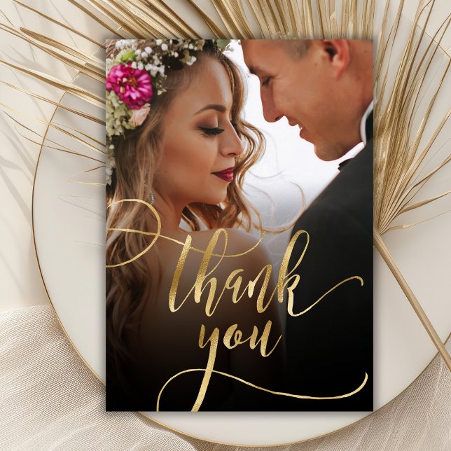 Elegant Gold Script Photo Wedding Thank You Card (Creator Uploaded)